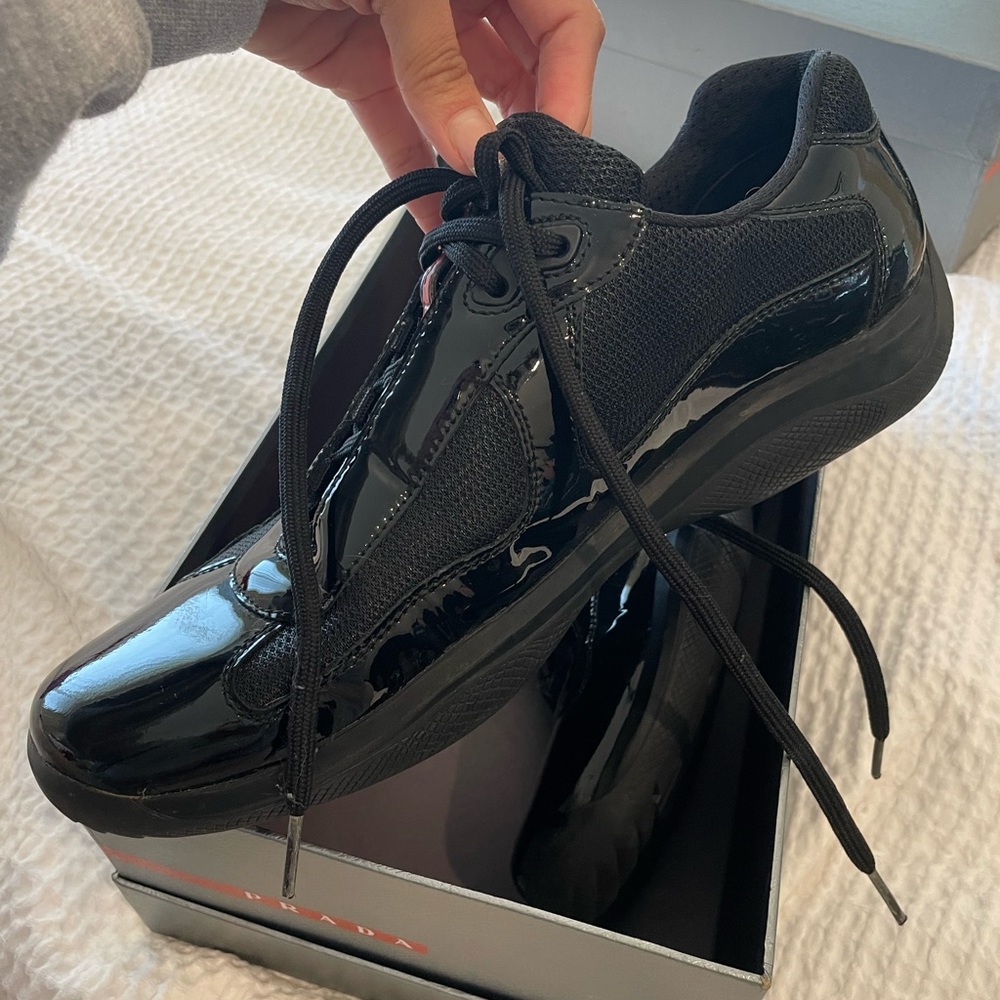Prada America's Cup sneakers. Patent leather and technical fabric.